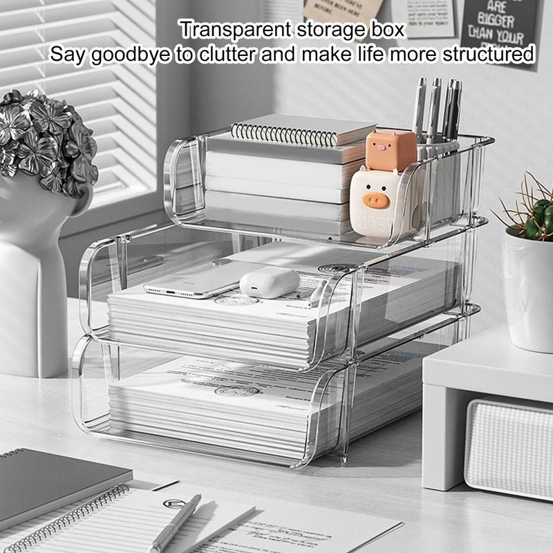 Binder Storage Box - กล่องจัดระเบียบเอกสารบนโต๊ะทำงาน กล่องเก็บเอกสารขนาด A4 แบบซ้อนกันได้ พร้อมที่ใส่ปากกาและที่เก็บเอกสาร