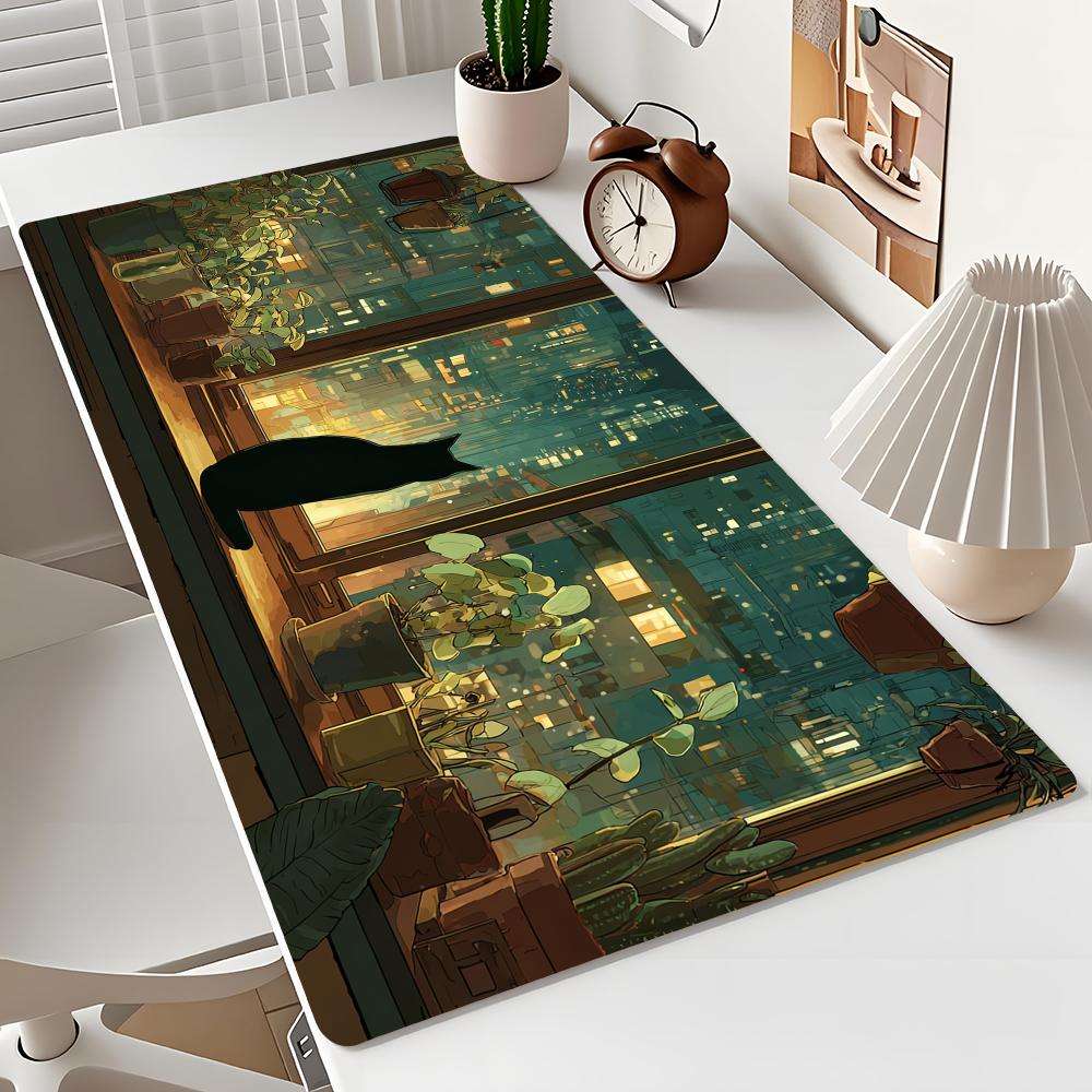 Office Furniture Brand - แผ่นรองเมาส์ลายการ์ตูนแมวน่ารัก ขนาดใหญ่ แบบอนิเมะ เย็บขอบกันลื่น สำหรับเล่นเกมส์และใช้งานในออฟฟิศ