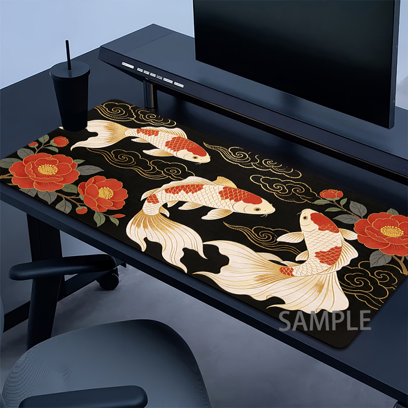 Office Furniture Brand - แผ่นรองเมาส์ลายปลาคาร์ฟญี่ปุ่น XXL แผ่นรองโต๊ะขนาดใหญ่ ฐานยางกันลื่น แผ่นรองคีย์บอร์ด อุปกรณ์เสริมคอมพิวเตอร์ที่ทนทานสำหรับสำนักงาน